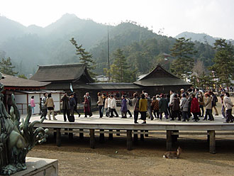 干潮（低潮）になった宮島の厳島神社社殿に大勢の人々